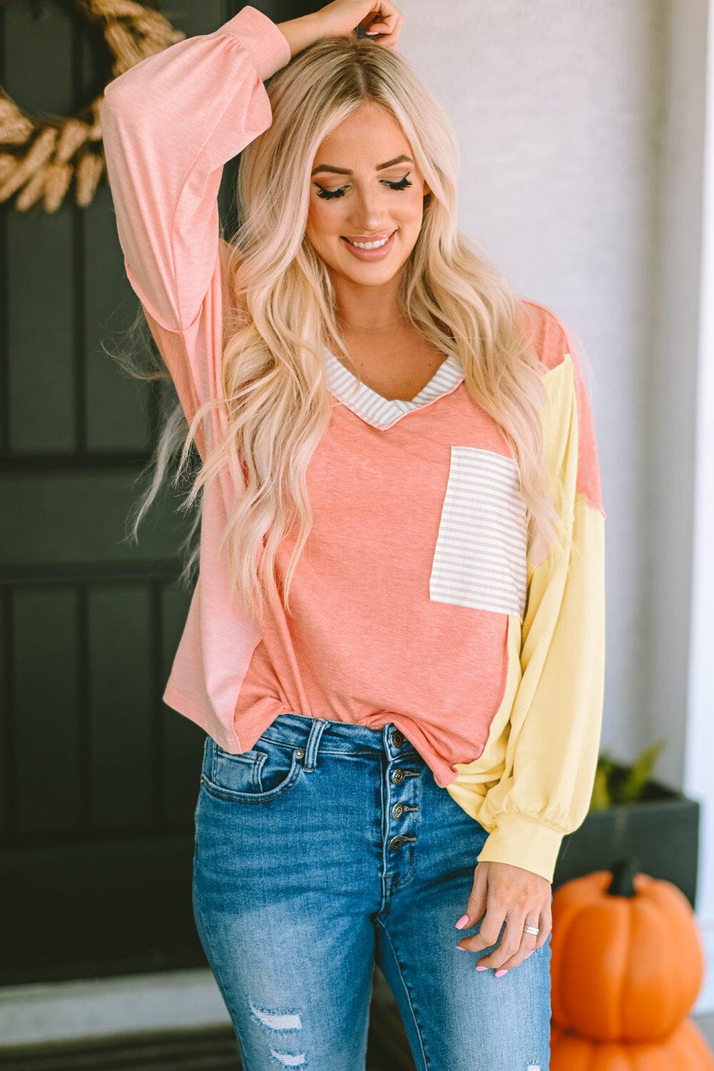 Color Block V-Neck Dropped Shoulder Sweatshirt with Pocket - Sydney So Sweet