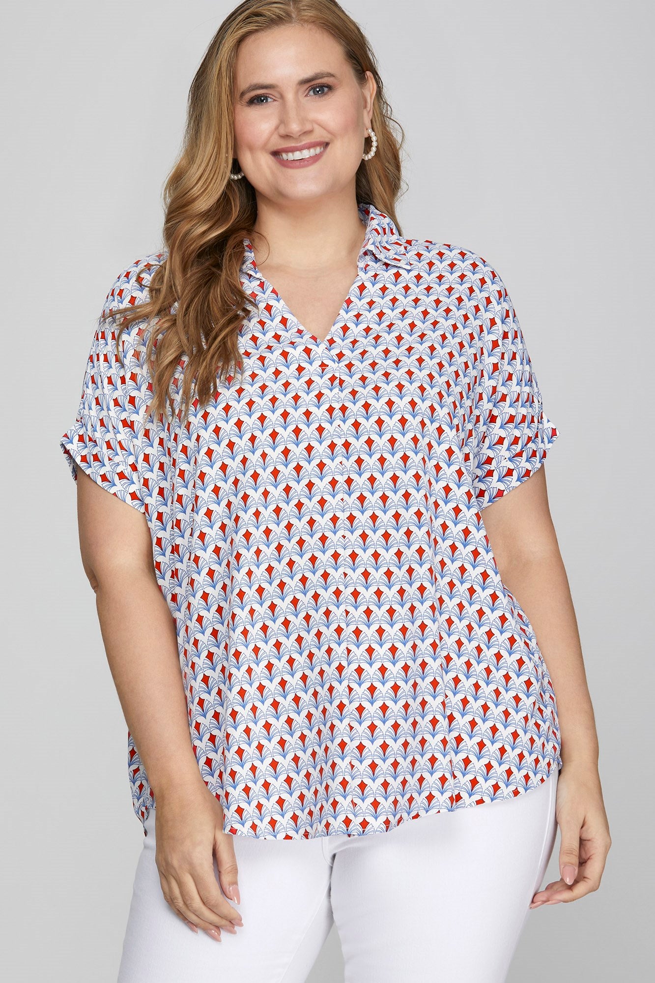She + Sky Full Size Printed Johnny Collar Short Sleeve Blouse Plus Size - Sydney So Sweet