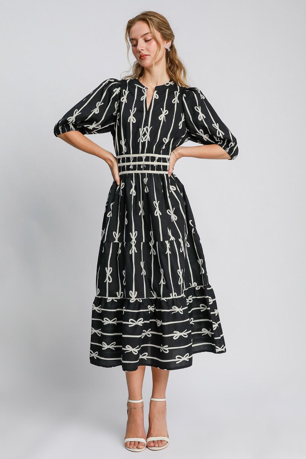 Umgee Bow Tie Print Notched Contrast Velvet Trim Midi Dress - Sydney So Sweet