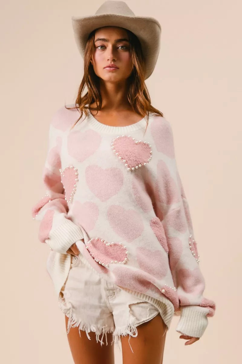 BiBi Heart Pattern Sweater with Pearl Detail - Sydney So Sweet