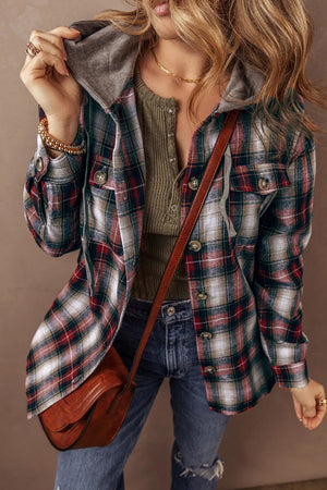 Drawstring Plaid Button Up Hooded Shacket - Sydney So Sweet