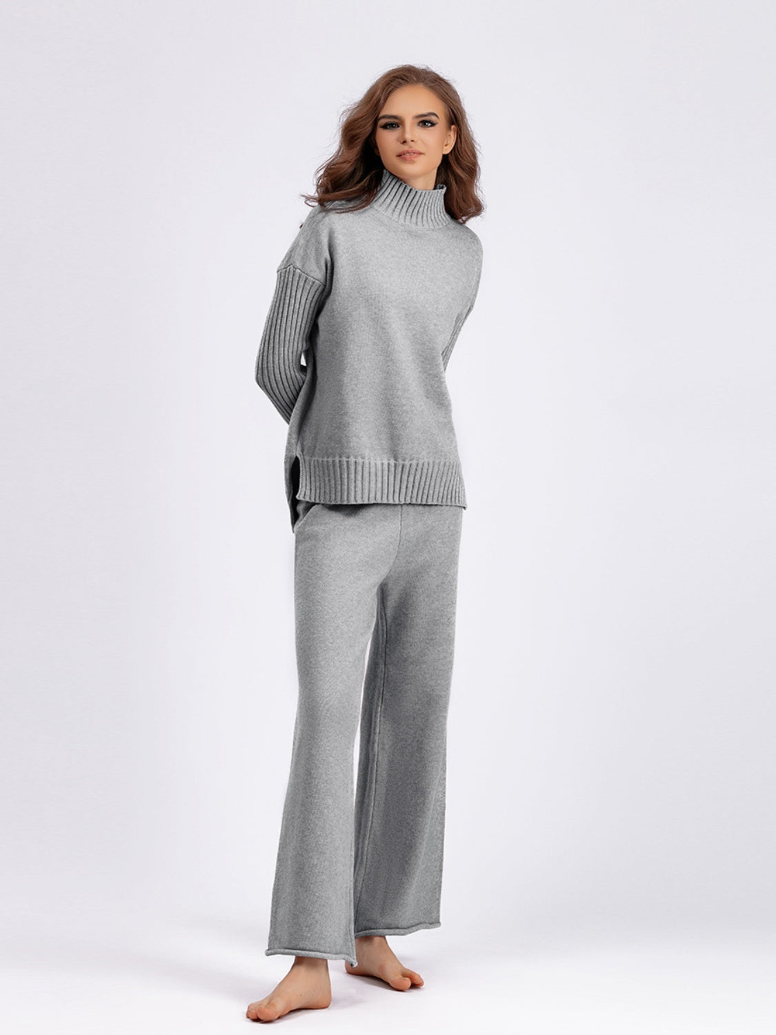 Basic Bae High- Low Turtleneck Long Sleeve Top and Pants Sweater Set - Sydney So Sweet