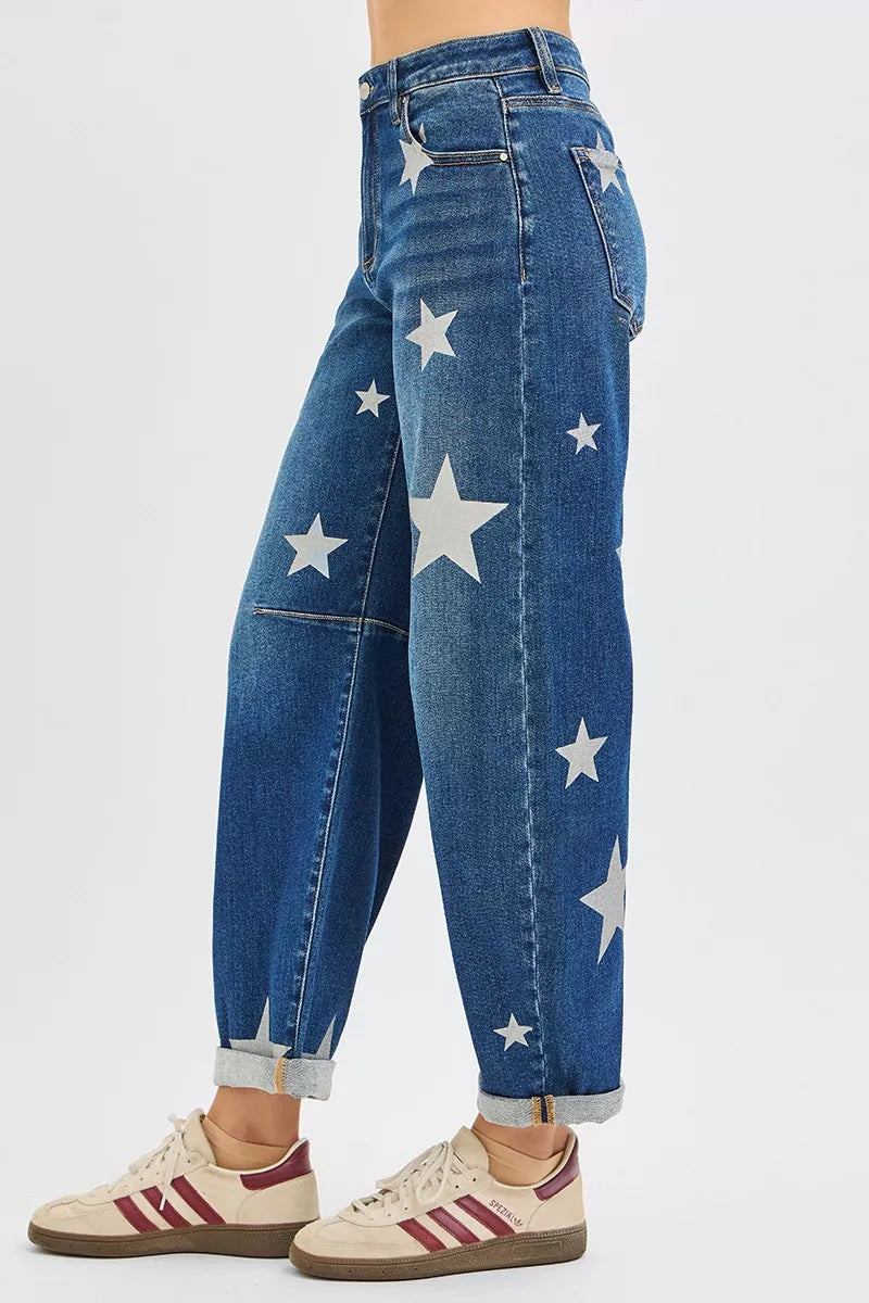 RISEN Mid Rise Ankle Length Relaxed Barrel Star Printed Jeans - Sydney So Sweet