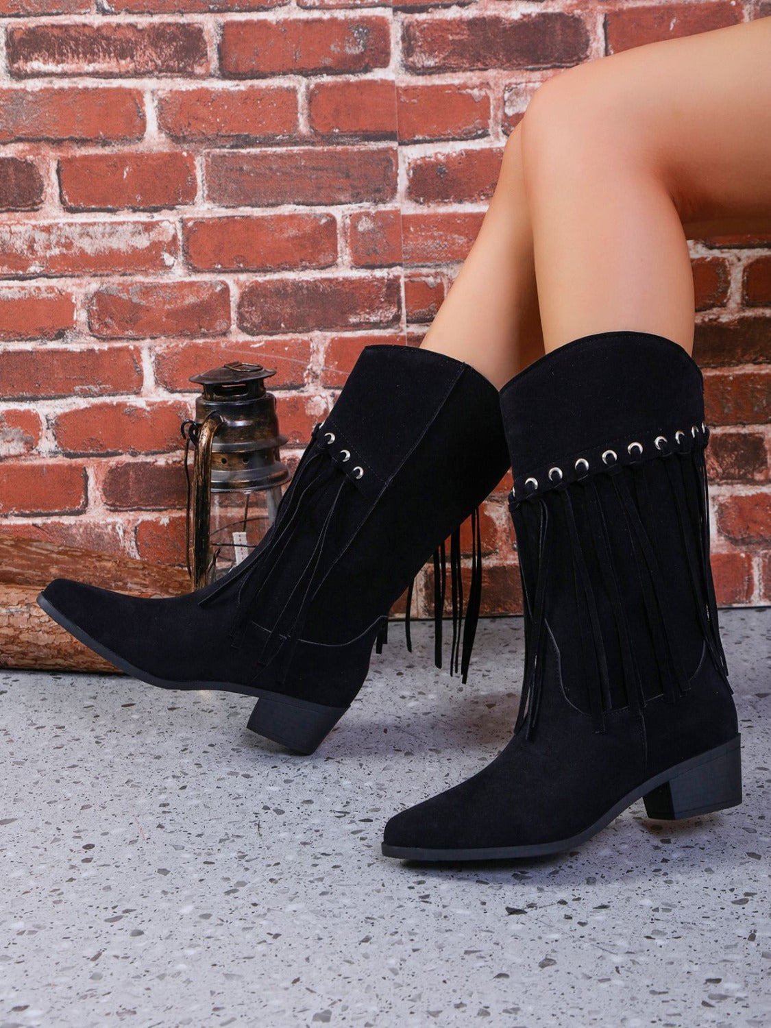 Fringe Suede Point Toe Block Heel Boots - Sydney So Sweet