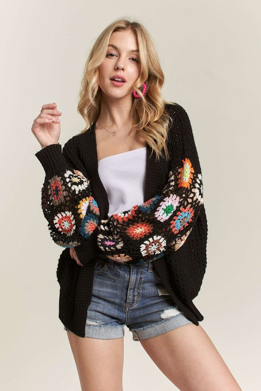 ADORA Full Size Contrast Crochet Open Front Long Sleeve Cardigan Plus Size - Sydney So Sweet