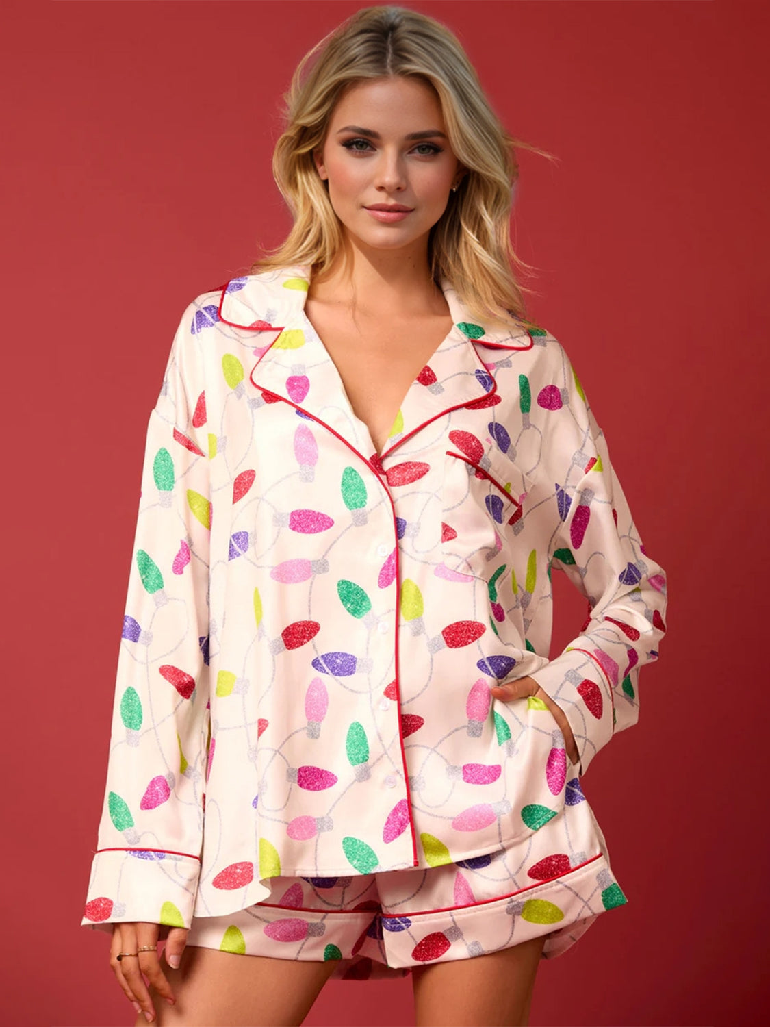 Printed Collared Neck Long Sleeve Top and Shorts Set - Sydney So Sweet