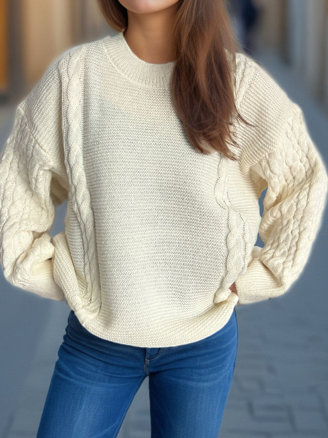 Cable-Knit Round Neck Long Sleeve Sweater - Sydney So Sweet