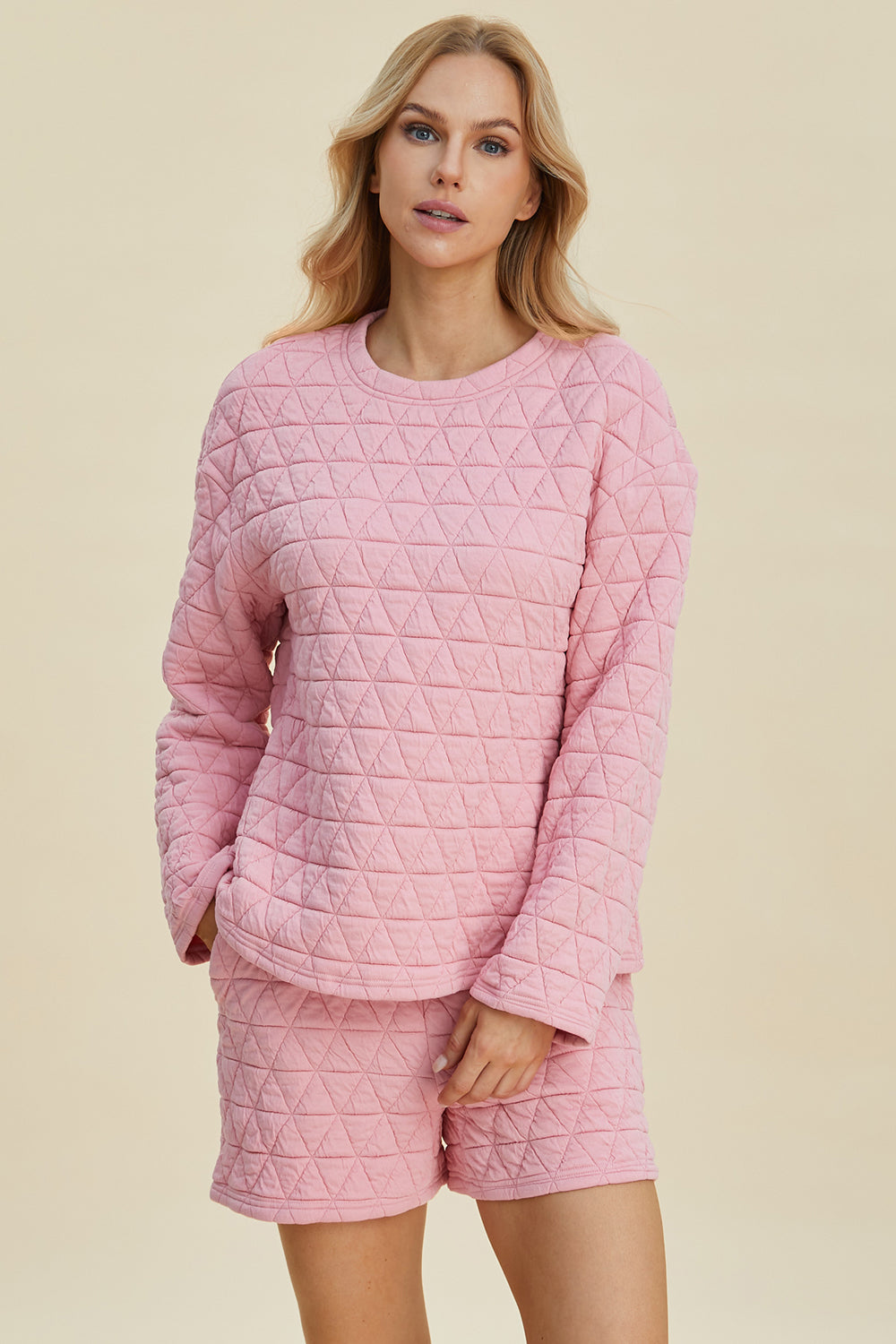 Double Take Full Size Texture Round Neck Long Sleeve Top and Shorts Set - Sydney So Sweet