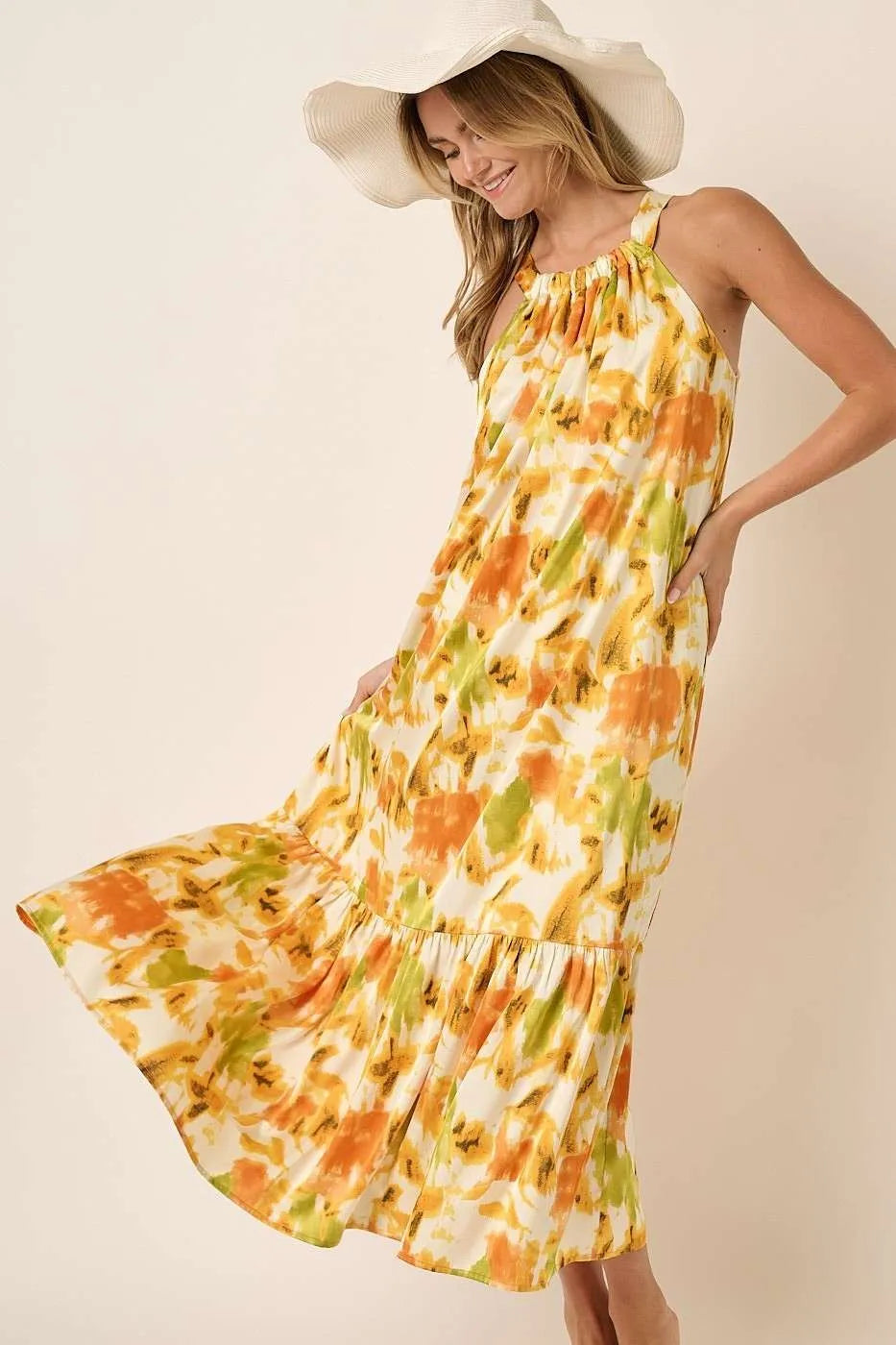 Mittoshop Watercolor Print Halter Neck Satin Maxi Dress - Sydney So Sweet