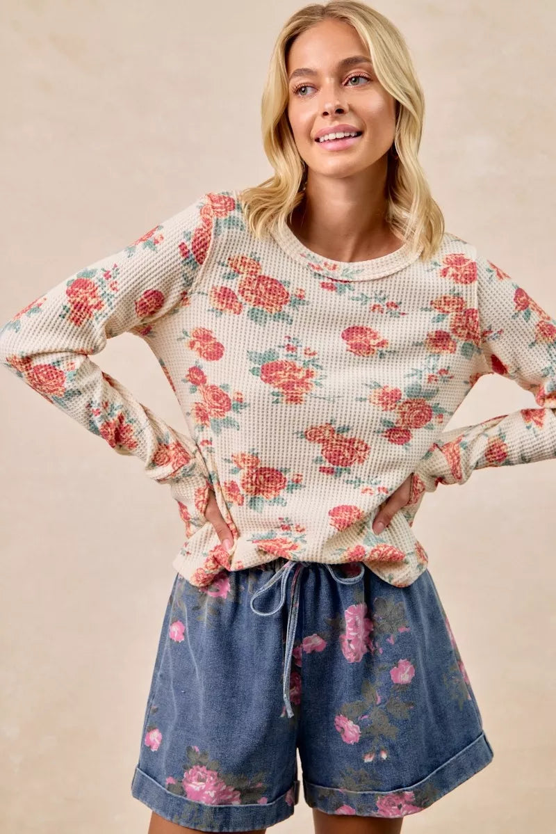 BiBi Floral Print Washed Waffle Thermal Top With Thumb - Sydney So Sweet