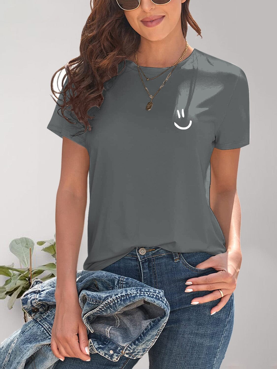 Smile Graphic Round Neck Short Sleeve T-Shirt - Sydney So Sweet