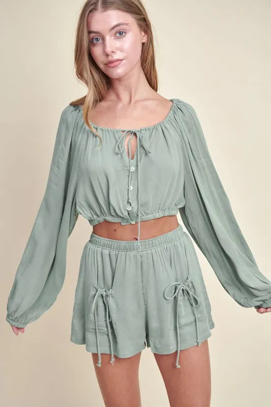 MABLE Gauze Long Sleeve Button Crop Top and Short Set - Sydney So Sweet