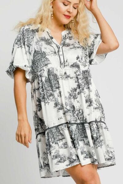 Umgee Full Size Two Tone Landscape Print Dress Plus Size - Sydney So Sweet