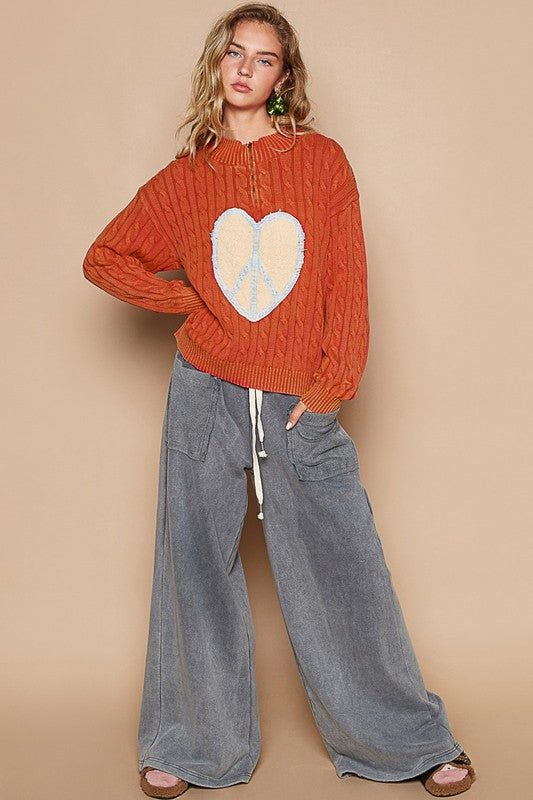 POL Cable-Knit Peace Patch Dropped Shoulder Sweater - Sydney So Sweet