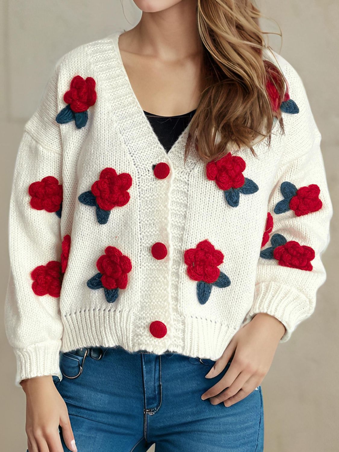 Flower Button Down V-Neck Long Sleeve Cardigan - Sydney So Sweet