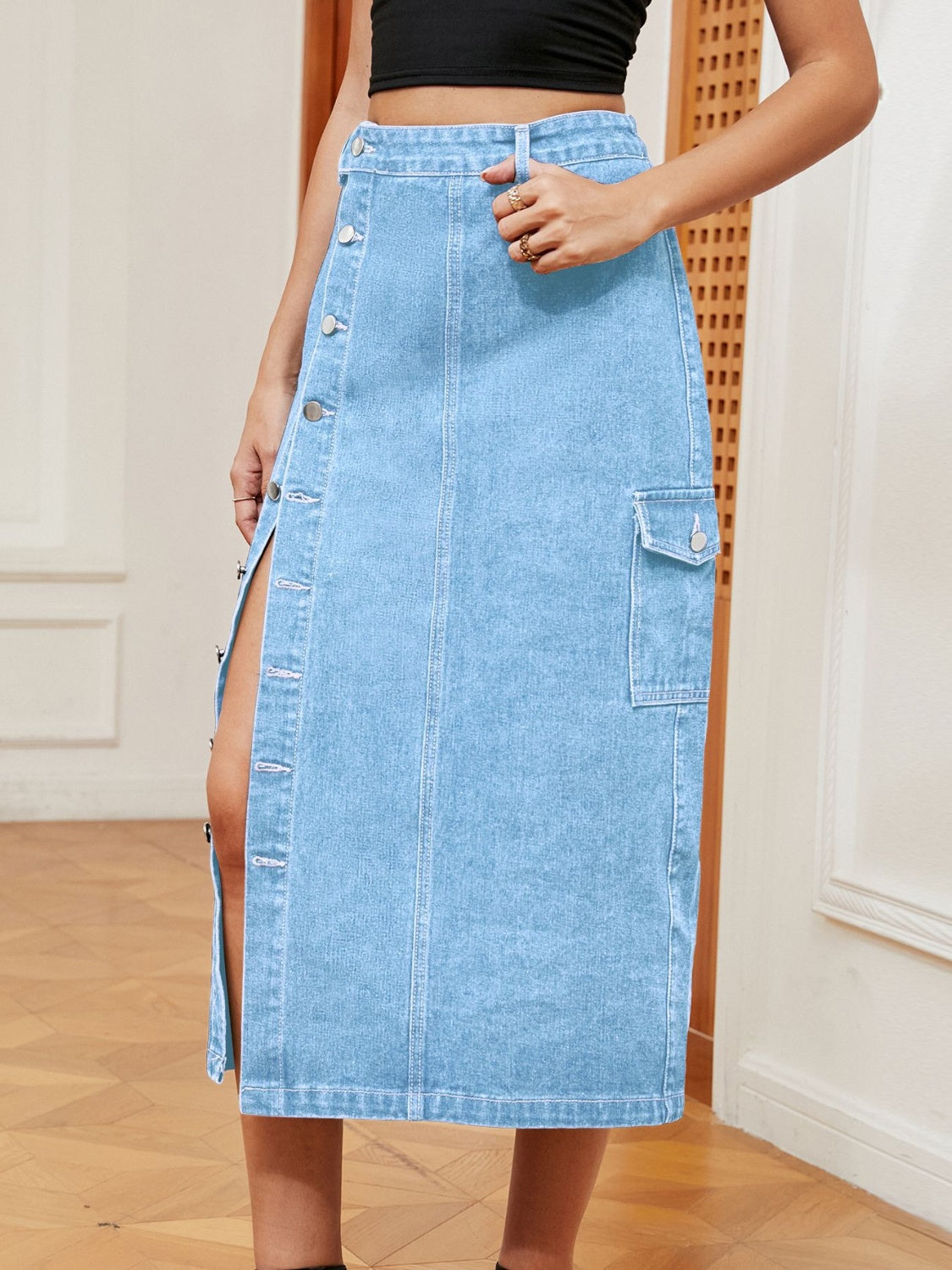 Button Down Midi Denim Skirt - Sydney So Sweet