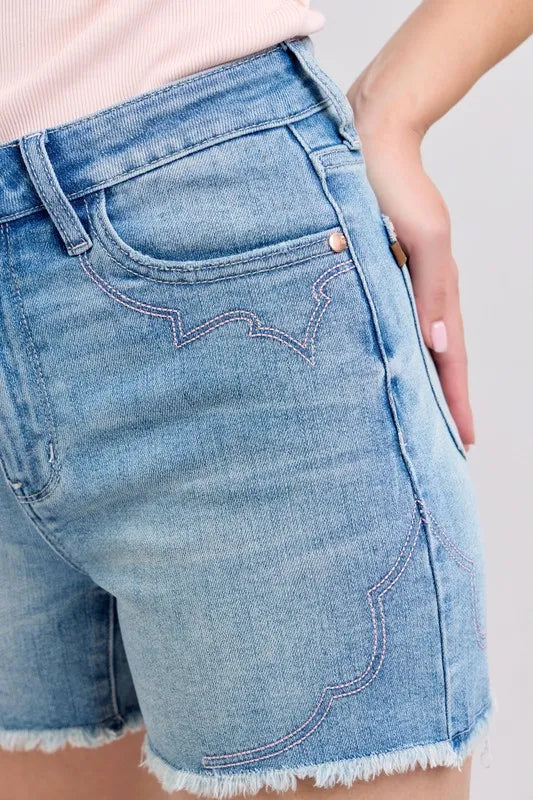 Judy Blue High Waist Western Embroidery Detail Cut Off Denim Shorts - Sydney So Sweet