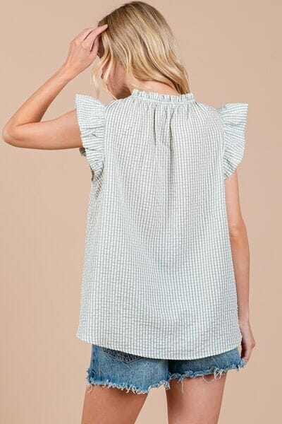 Ces Femme Plaid Notched Ruffled Cap Sleeve Blouse - Sydney So Sweet