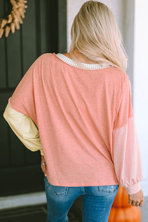 Color Block V-Neck Dropped Shoulder Sweatshirt with Pocket - Sydney So Sweet