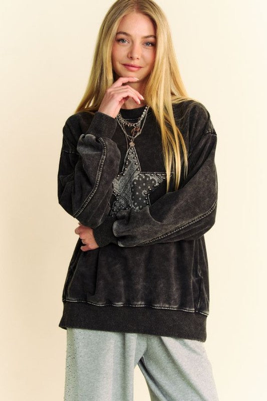 Davi & Dani Stud Star Patch Acid Washed Sweatshirt - Sydney So Sweet