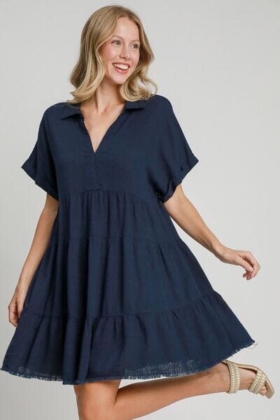 Umgee Full Size Raw Hem Folded Sleeve Tiered Dress Plus Size - Sydney So Sweet