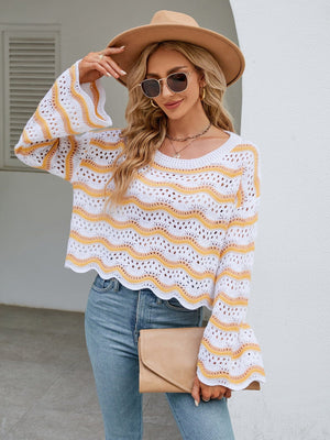 Round Neck Openwork Flare Sleeve Knit Top - Sydney So Sweet