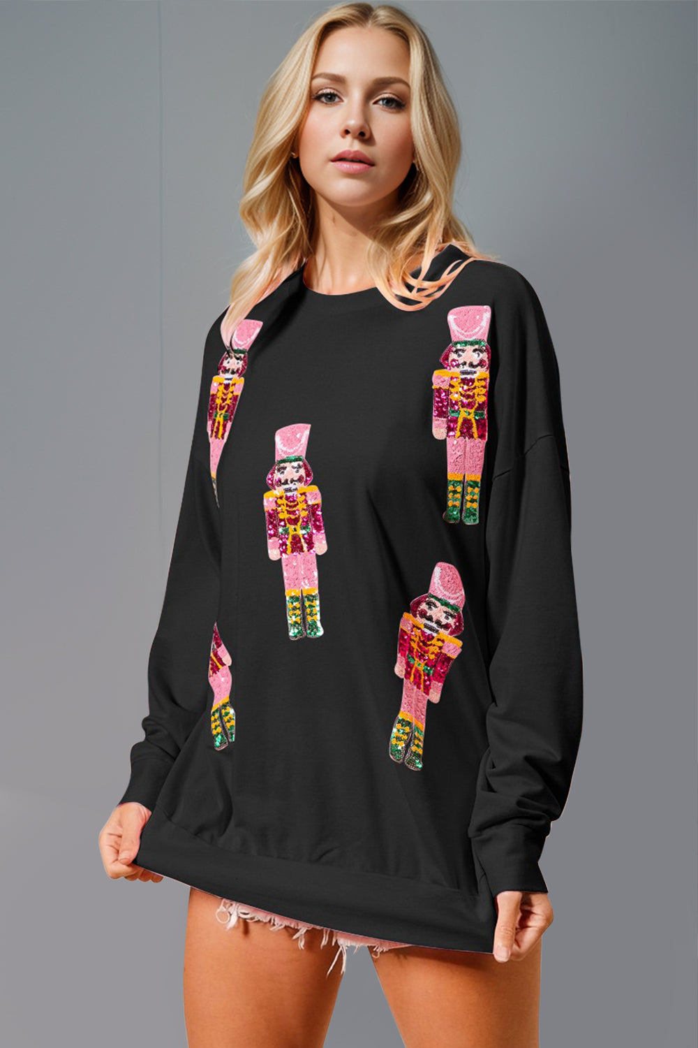 Sequin Nutcracker Round Neck Long Sleeve Sweatshirt - Sydney So Sweet