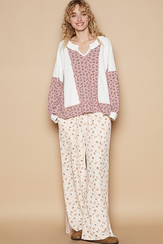 POL Waffle Knit Floral Notched Long Sleeve Top - Sydney So Sweet