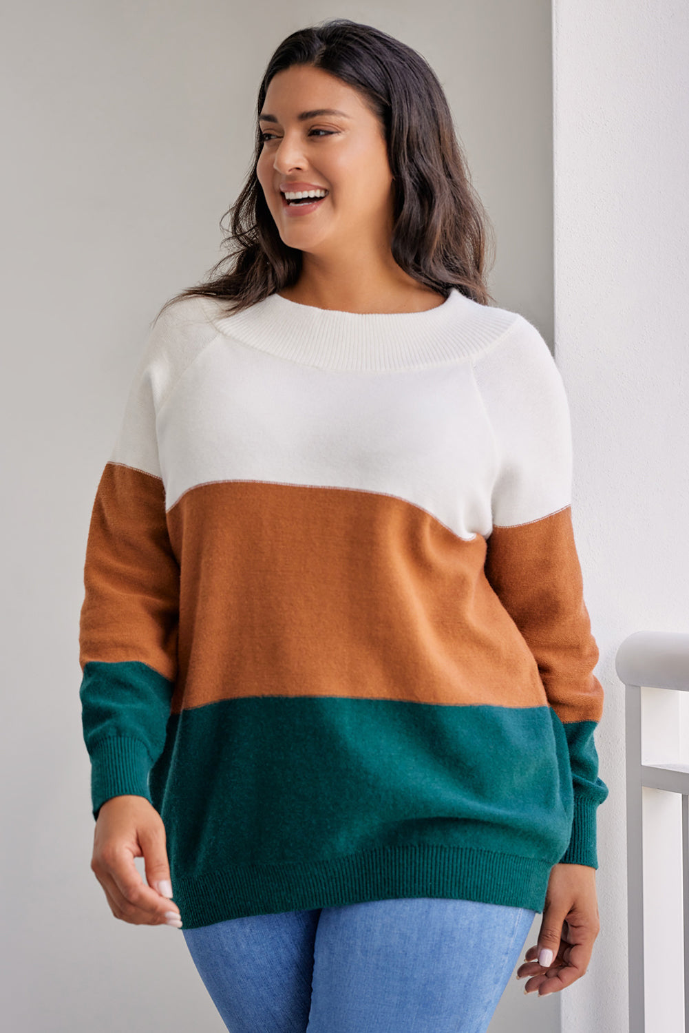 Plus Size Color Block Long Sleeve Sweater - Sydney So Sweet