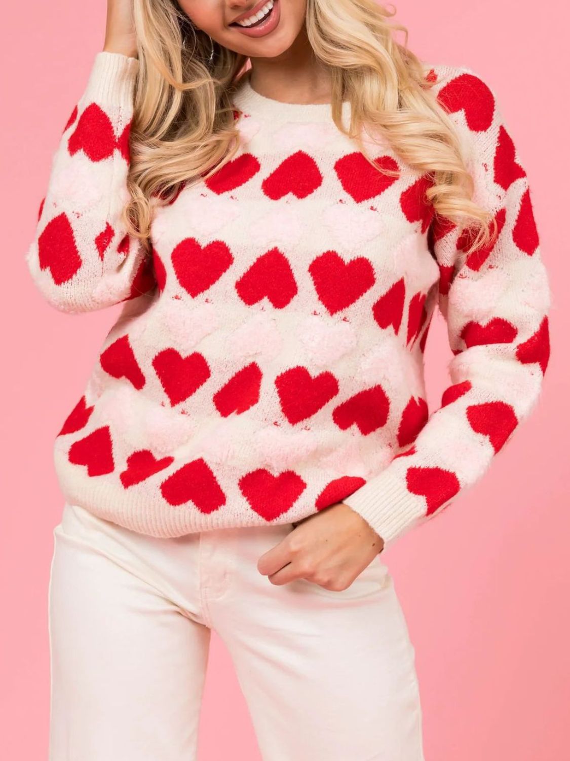 Valentine’s Day Fuzzy Heart Round Neck Long Sleeve Sweater - Sydney So Sweet