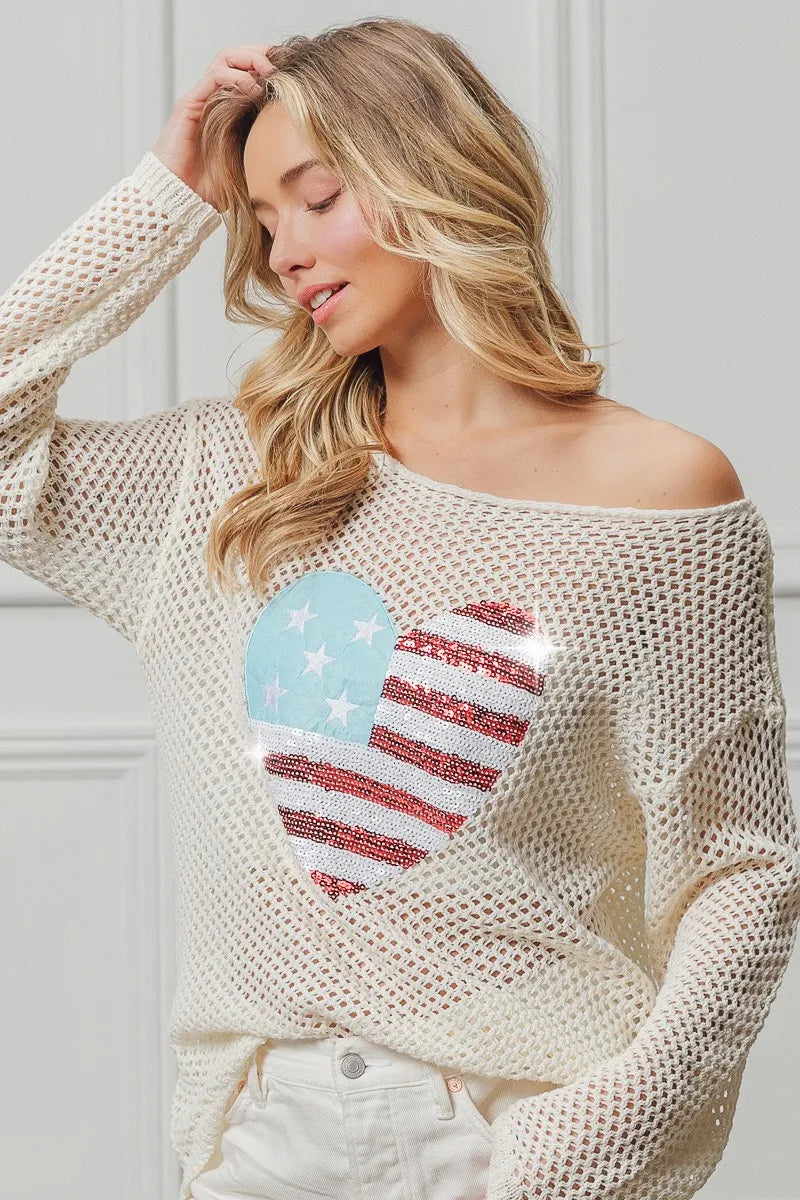 BiBi Sequin American Flag Heart Knit Up - Sydney So Sweet