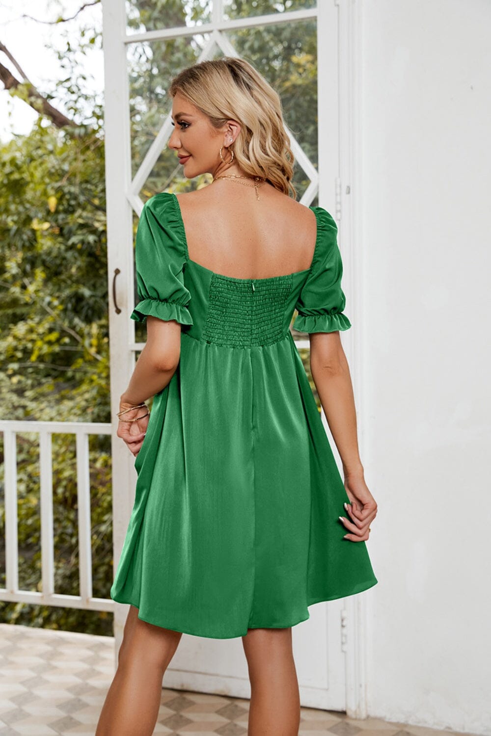 Ruched Square Neck Flounce Sleeve Mini Dress - Sydney So Sweet