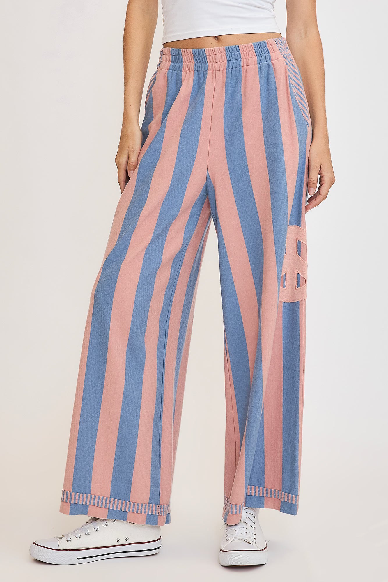 Umgee Peace Sign Patch Striped Wide Leg Pants - Sydney So Sweet