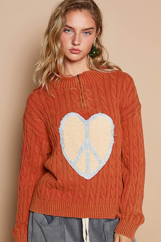 POL Cable-Knit Peace Patch Dropped Shoulder Sweater - Sydney So Sweet