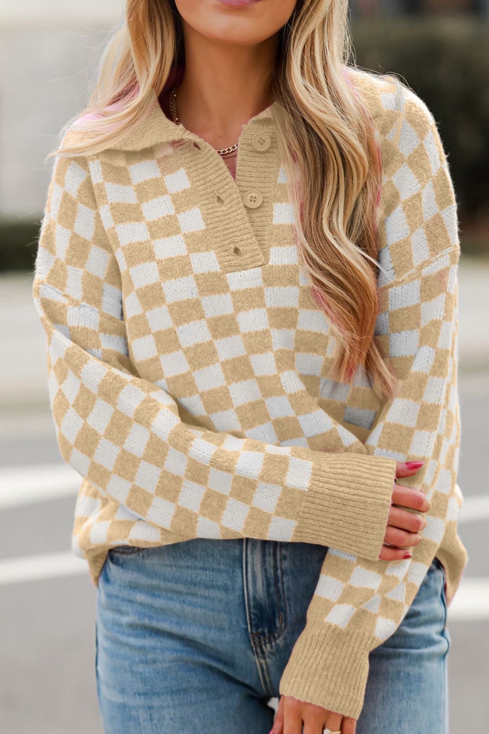 Checkered Collared Neck Long Sleeve Sweater - Sydney So Sweet