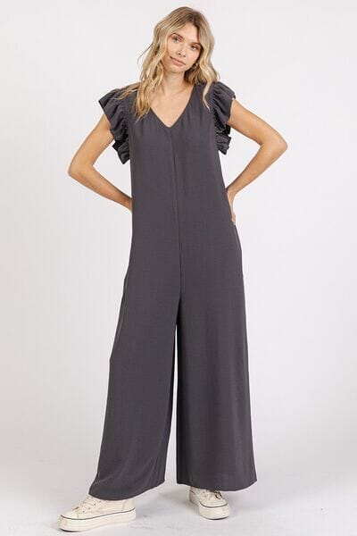 Mittoshop V-Neck Ruffled Cap Sleeve Wide Leg Jumpsuit - Sydney So Sweet