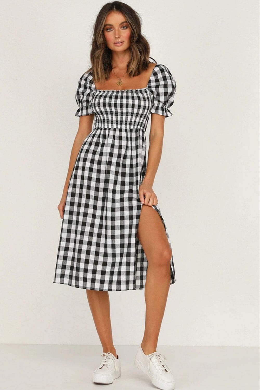 Full Size Slit Plaid Short Sleeve Midi Dress - Sydney So Sweet