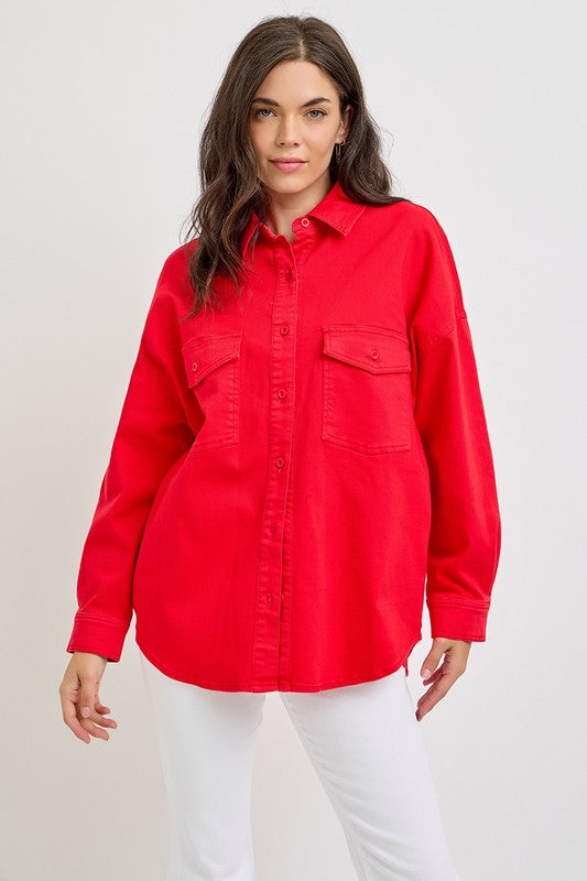 RISEN Button Down Long Sleeve Denim Shacket with Chest Pockets - Sydney So Sweet