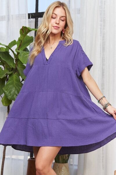 ADORA Tiered Notched Short Sleeve Dress - Sydney So Sweet