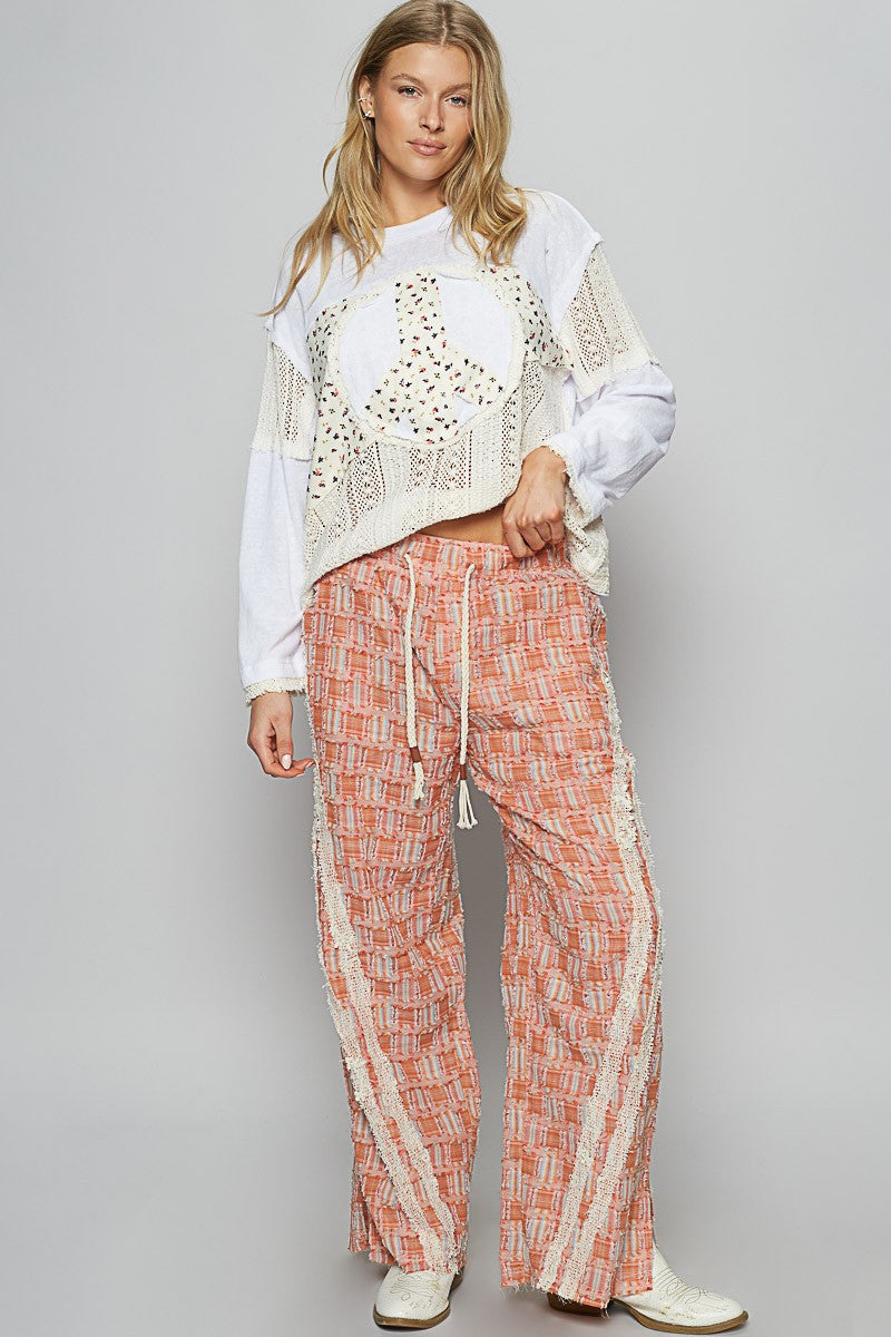 POL Lace Trim Drawstring Checkered Wide Leg Pants - Sydney So Sweet