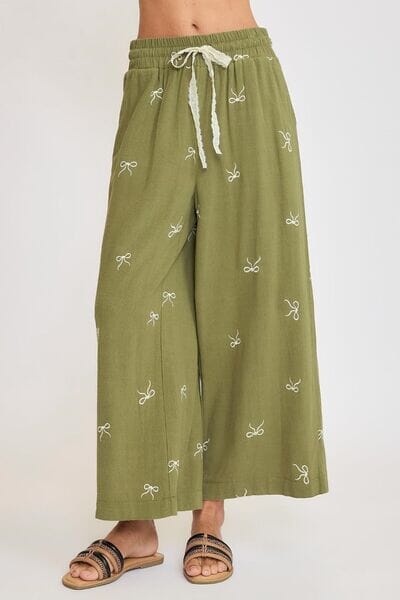 Umgee Full Size Lace Drawstring Embroidered Bow Wide Leg Pants Plus Size - Sydney So Sweet