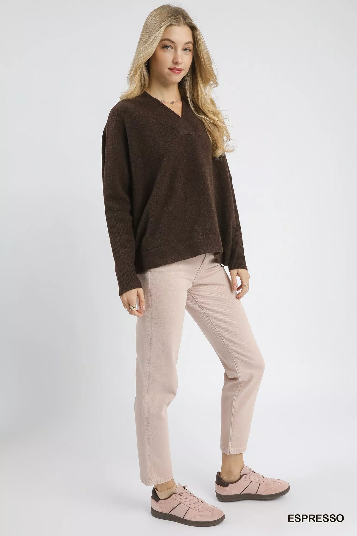Umgee V-Neck Sweater with Wide Trim Detail - Sydney So Sweet