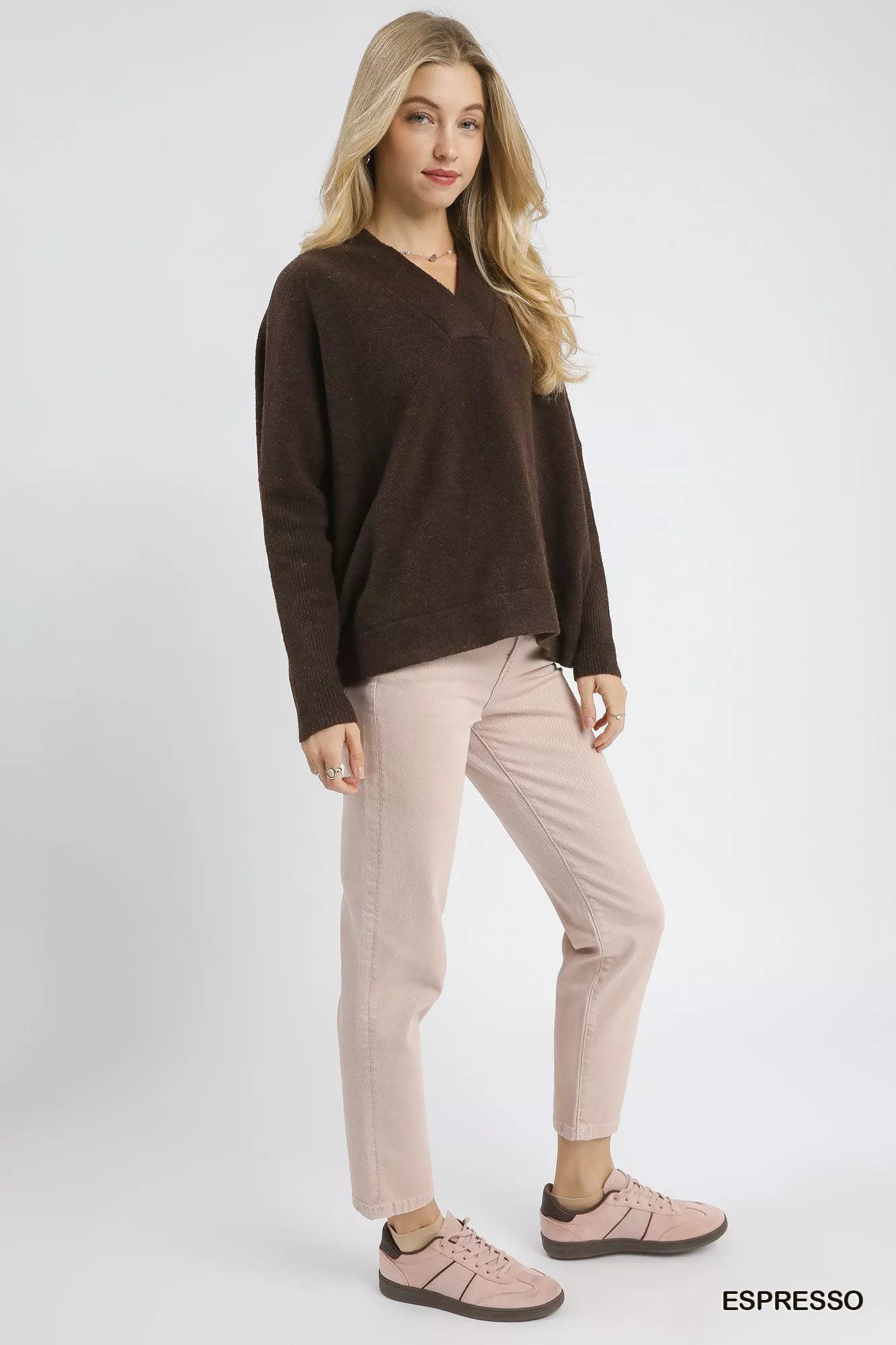 Umgee V-Neck Sweater with Wide Trim Detail - Sydney So Sweet