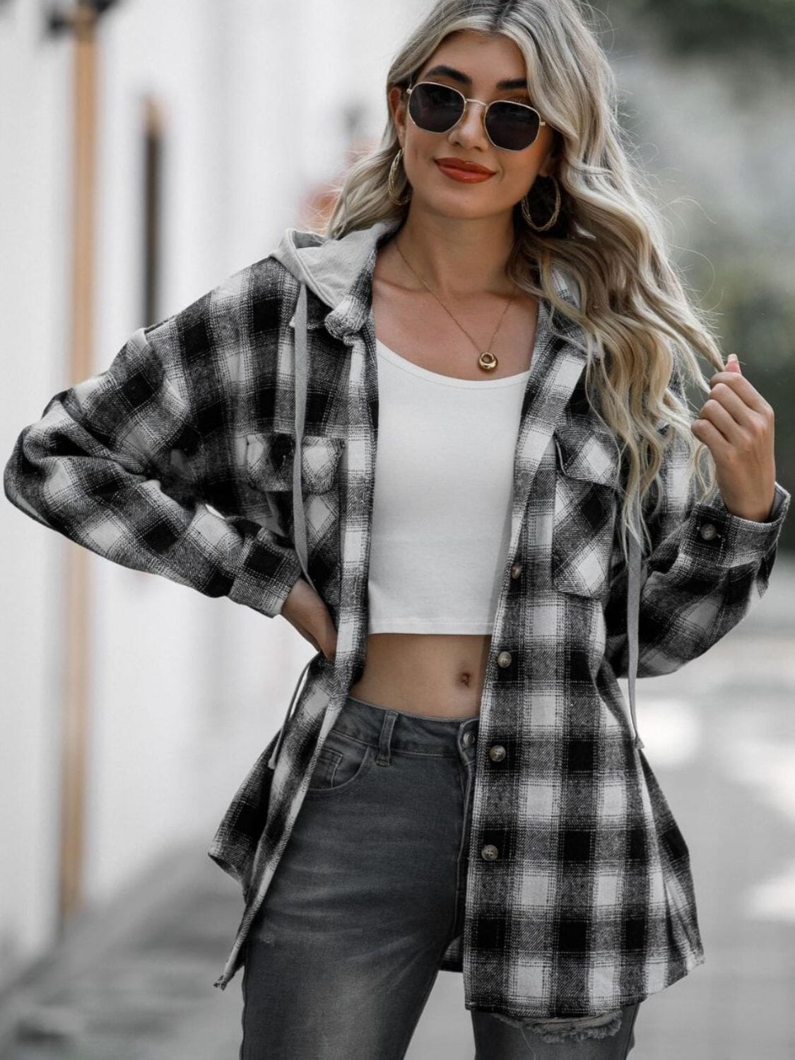 Drawstring Plaid Long Sleeve Hooded Shacket - Sydney So Sweet