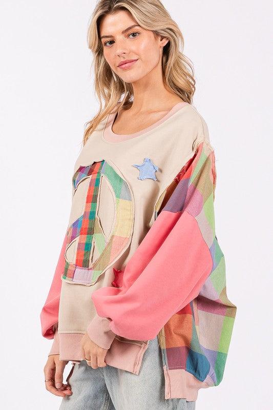 SAGE + FIG Full Size Contrast Peace Patch Dropped Shoulder Sweatshirt - Sydney So Sweet