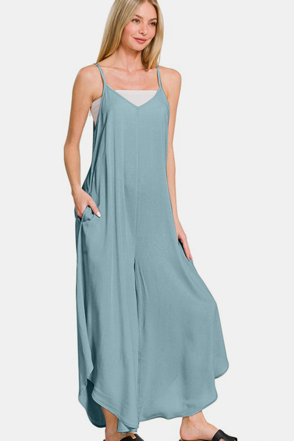 Zenana Spaghetti Strap Wide Leg Overalls with Pockets - Sydney So Sweet