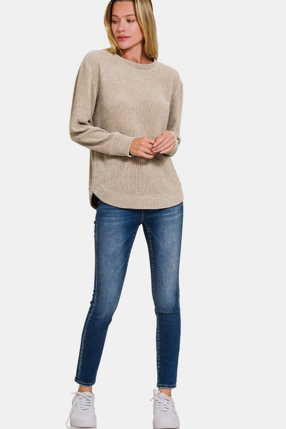 Zenana Chenille Waffle Round Neck Sweater - Sydney So Sweet