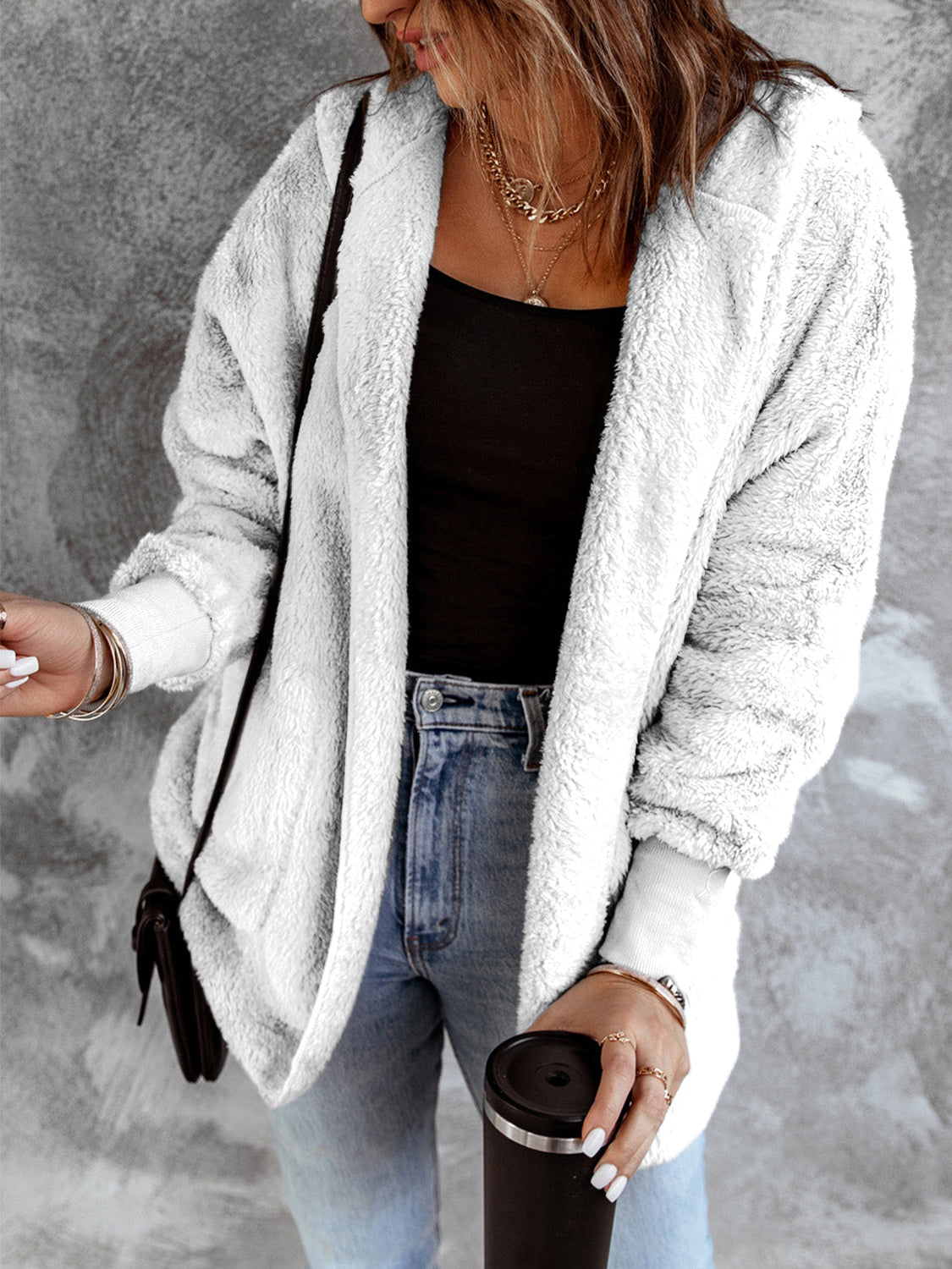 Open Front Hooded Faux Fur Cardigan with Pockets - Sydney So Sweet