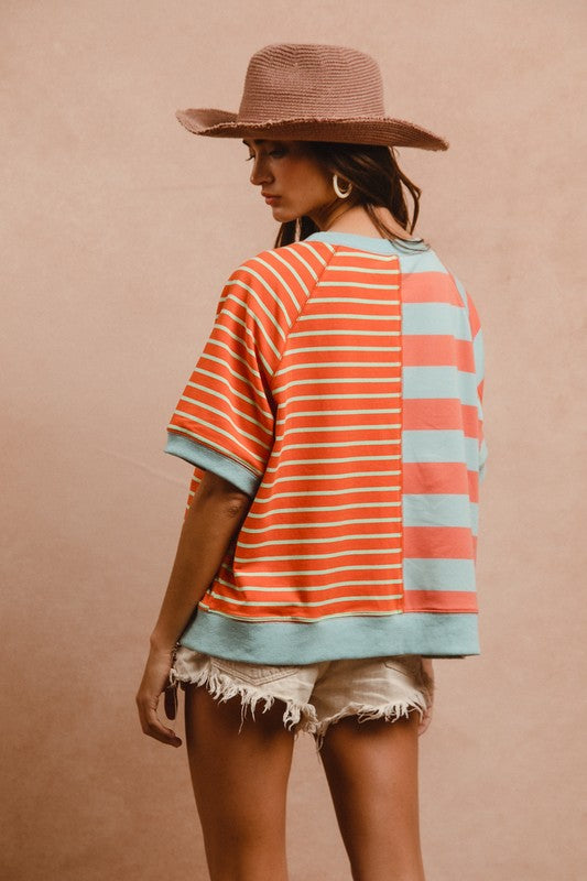 BiBi Striped Round Neck Half Sleeve French Terry Top - Sydney So Sweet