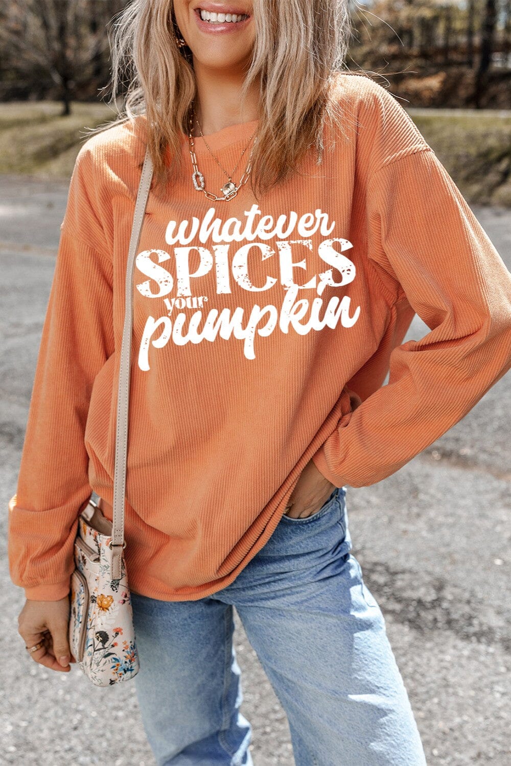 Whatever Spices Your Pumpkin Women's Graphic Long Sleeve Oversize Sweatshirt - Sydney So Sweet